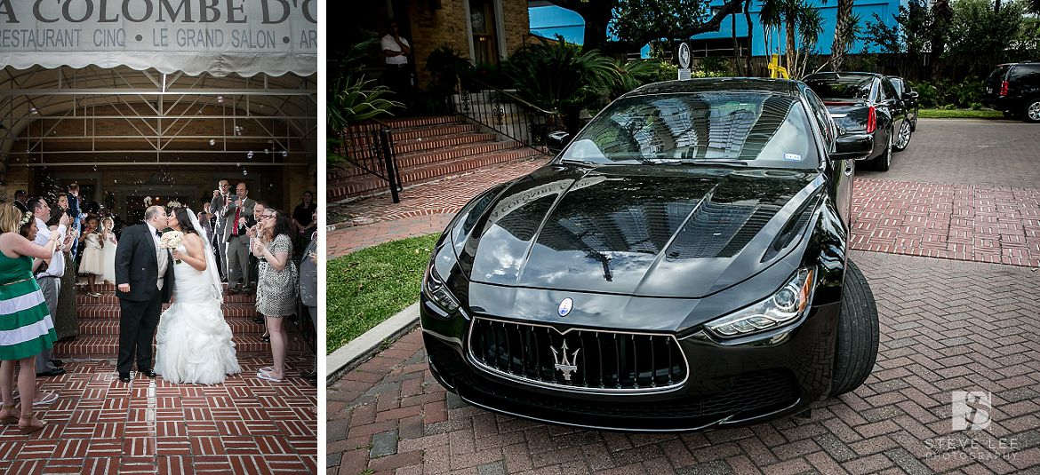 houston wedding steve lee photography la colombe d'or bubble exit in maserati