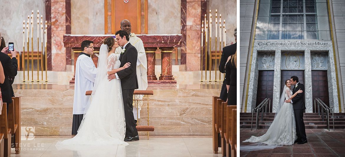Nieto houston wedding ceremony kiss and portrait at co-cathedral of sacred heart by steve lee photography