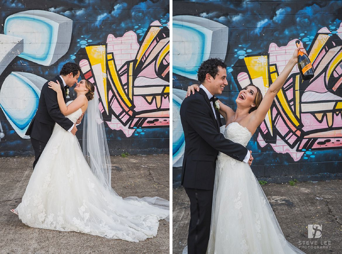 Nieto houston wedding creative couple portraits fun at graffiti building wall by steve lee photography